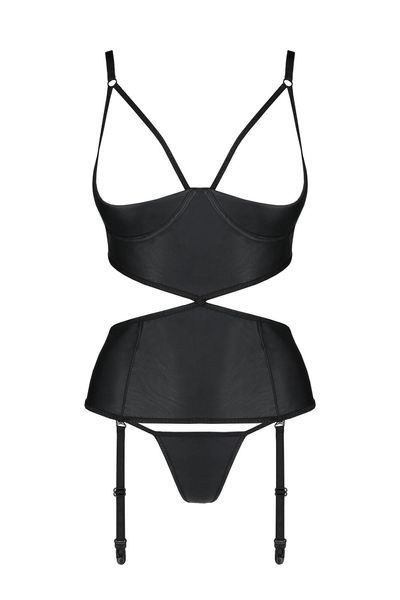 Корсет з відкритими грудьми Passion JANNIES CORSET L/XL black, стрінги в наборі SO8445 фото
