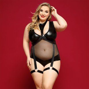 Елегантне боді з екошкіри JSY &laquo;Спокуслива Морган&raquo; Plus Size, Black, сітка, портупея з гартерами SO8379 фото