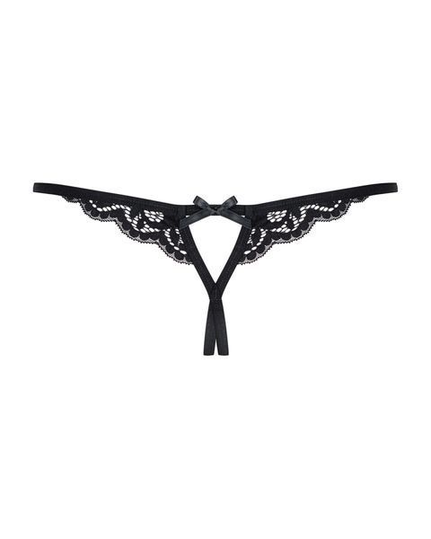 Мереживні танги з двома отворами Obsessive 831-THC-1 crotchless thong S/M, чорні, бантики SO7175 фото