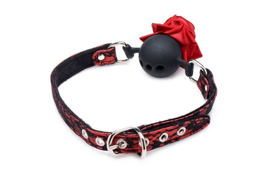 Кляп з трояндою Master Series: Eye-Catching Ball Gag With Rose, чорно-червоний SO8794 фото