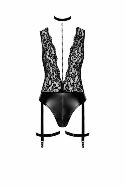 Боді Noir Handmade F297 Libido Deep-V bodysuit with collar, pearl chain and garter - M SX0220 фото