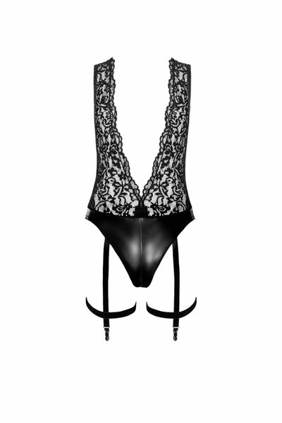 Боді Noir Handmade F297 Libido Deep-V bodysuit with collar, pearl chain and garter - M SX0220 фото