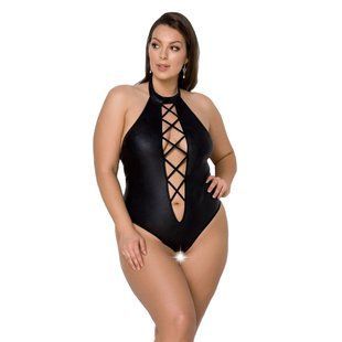 Боді з екошкіри Passion NANCY BODY 4XL/5XL black, з імітацією шнурівки та відкритим доступом SO7104 фото